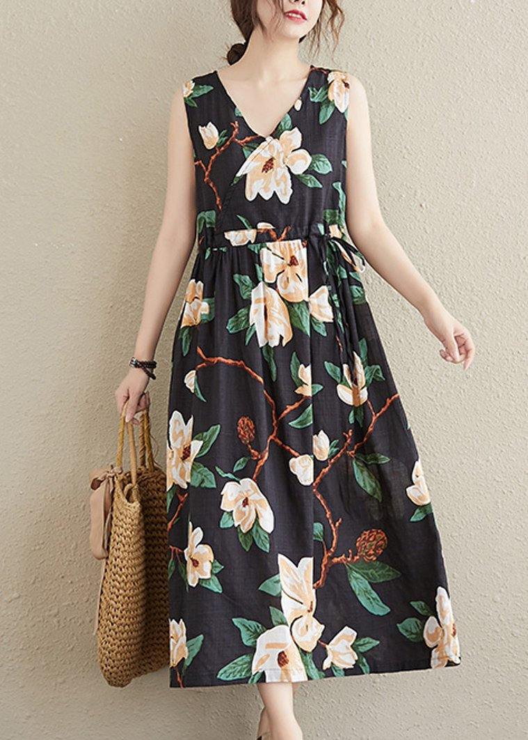Simple V Neck Drawstring Quilting Dresses Black Print Robes Dresses