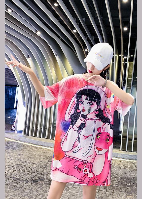 Loose Pink Character Print Clothes O Neck Dresses