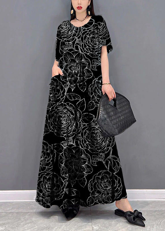 Blue Geometry O-neck Print Pockets Long Dresses Short Sleeve