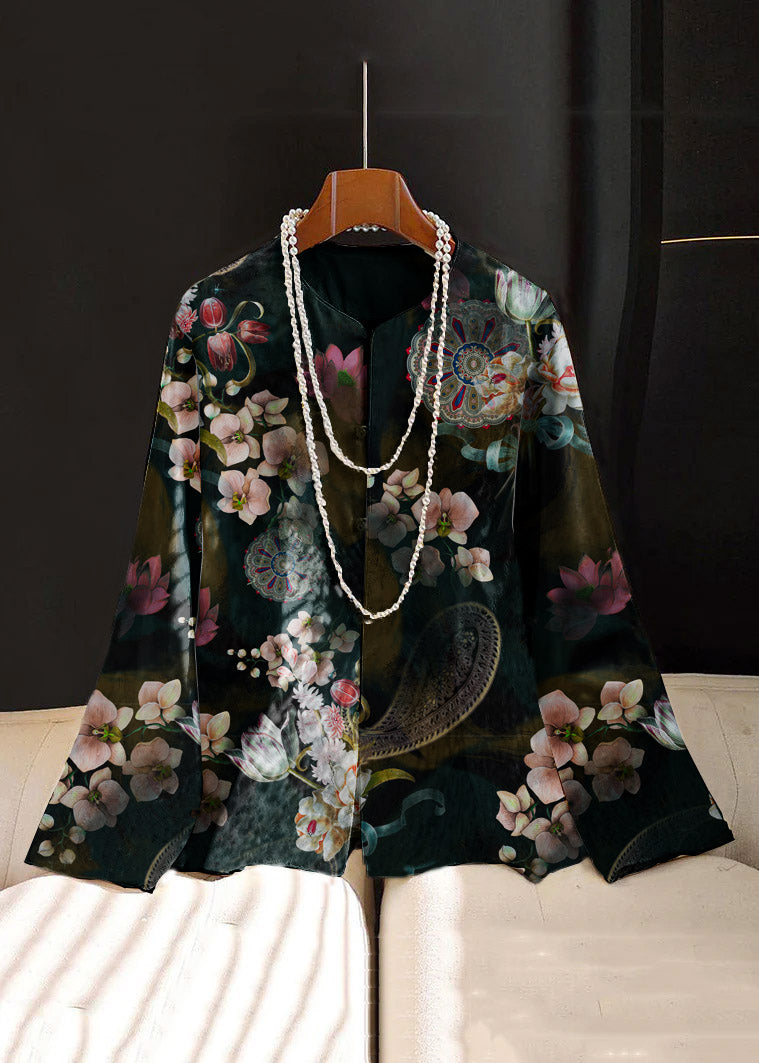 Chinese Style White Print Button Silk Coat Long Sleeve