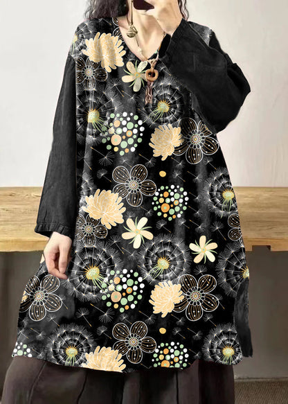 Yellow Sunflower V Neck Embroidered Patchwork Linen Mid Dresses Fall