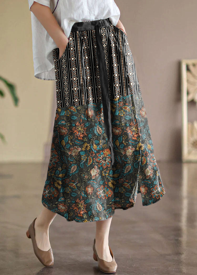 Black Flower Elastic Waist Print Linen Skirts Summer