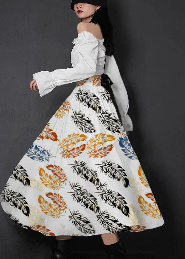 Organic White Feathers High Waist Cinched Patchwork Summer Cotton Skirts