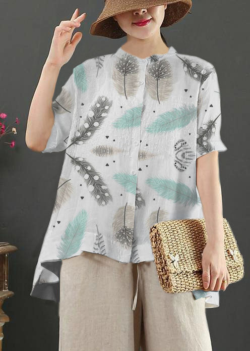 Art White Embroidery Linen Top for Stand Collar Midi Summer Top