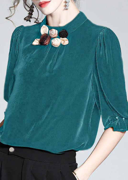Purple Stand Collar Silk Velour Top Short Sleeve