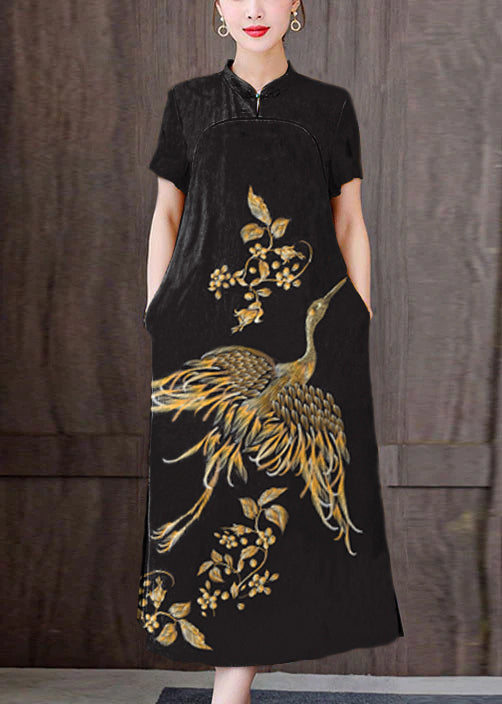 Fitted Black Phoenix Mandarin Collar Print Pockets Silk Long Dresses Short Sleeve