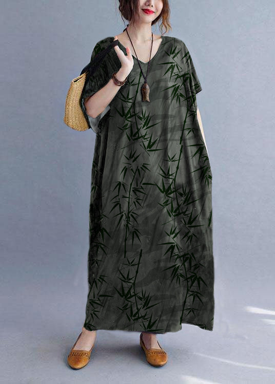 Italian Gray Bamboo V Neck Pockets Print Summer Holiday Dress Short Sleeve