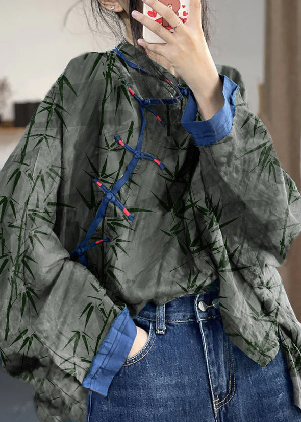 Loose Brown Flower Button Print Patchwork Cotton Shirts Long Sleeve