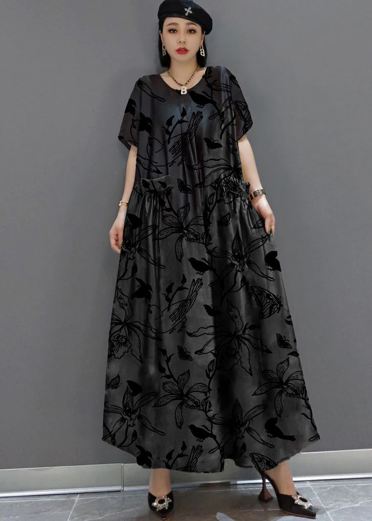 Loose Yellow O-neck Print Satin Maxi Dress Summer