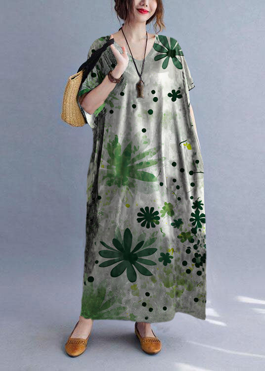 Italian Gray Bamboo V Neck Pockets Print Summer Holiday Dress Short Sleeve
