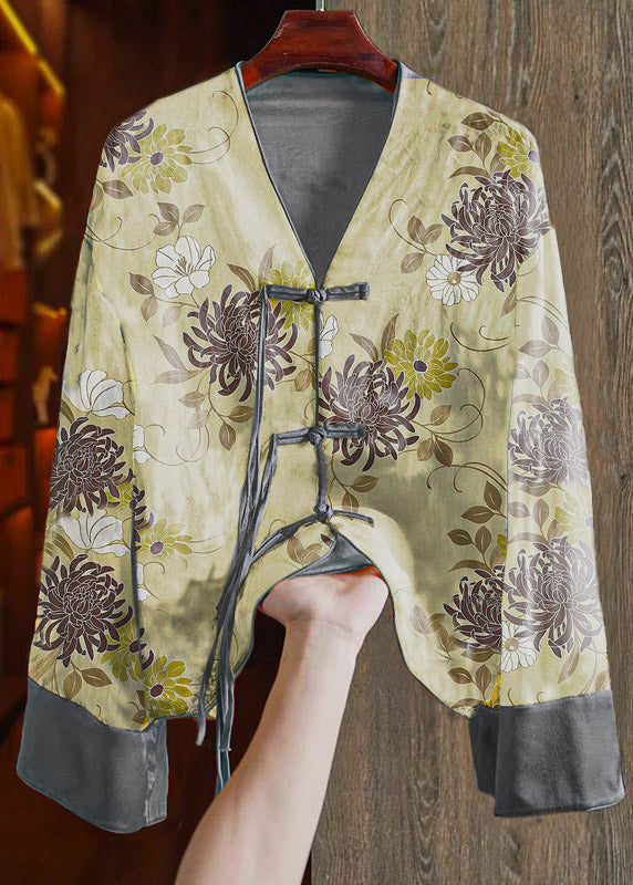 Loose Green Flowers V Neck Embroidered Button Silk Shirts Spring