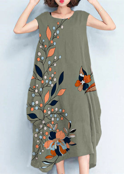 Blue Flowers Natural Cotton Polyester Dress Oversize Sleeveless Traveling Dress Kaftans