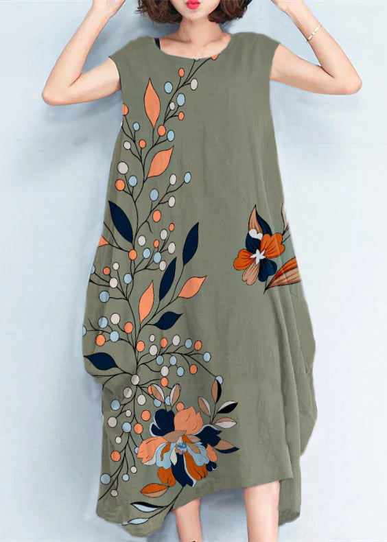 Green Flowers Natural Cotton Polyester Dress Oversize Sleeveless Traveling Dress Kaftans