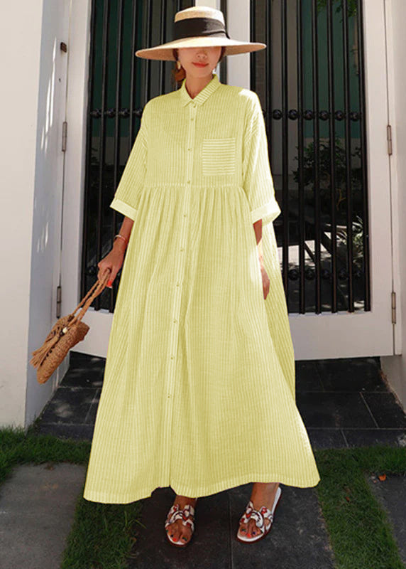 Grey Peter Pan Collar Striped Button Pockets Wrinkled Long Dresses Half Sleeve