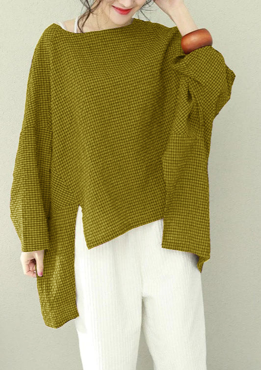 Asymmetric Cotton Fine Work Black Plaid Oversized Tops