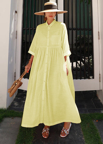 Blue Peter Pan Collar Striped Button Pockets Wrinkled Long Dresses Half Sleeve