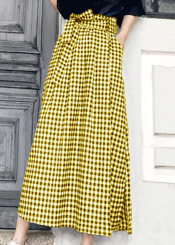 Natural Black White Plaid Bow a Line Summer Skirt Cotton