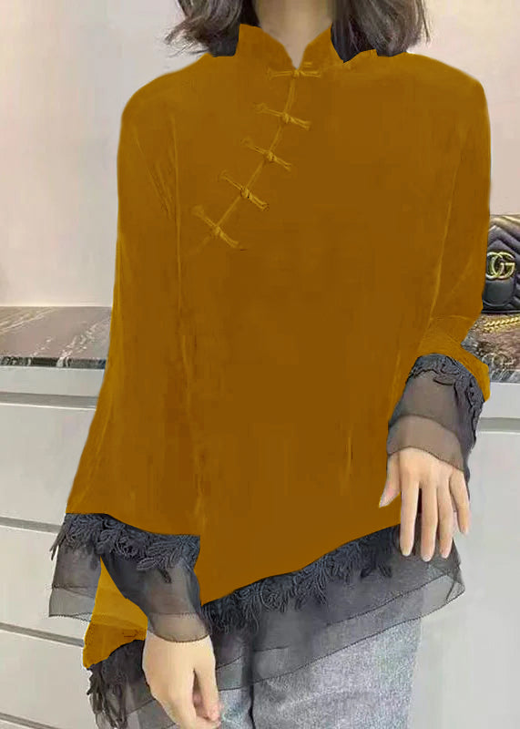 Black Stand Collar Asymmetrical Patchwork Velour Shirt Fall