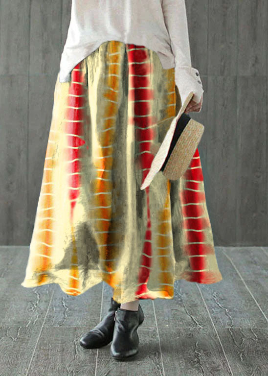 Yellow Elastic Waist Dot Print Linen Skirts Spring