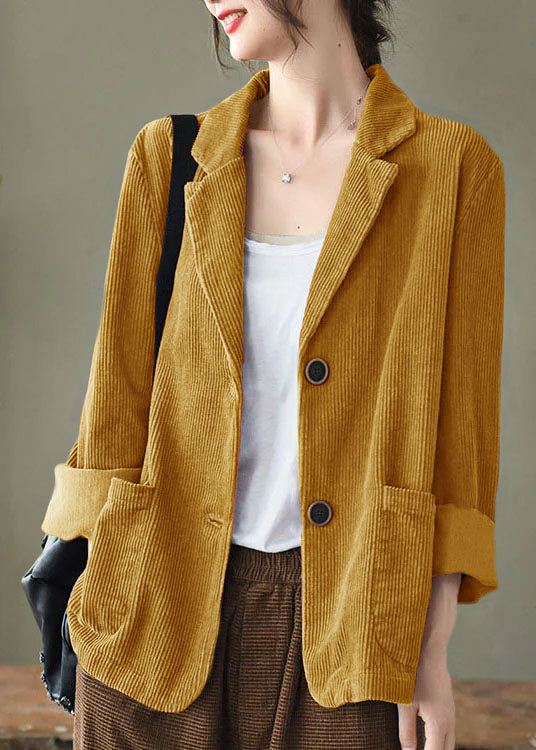 Loose Yellow Button Pockets Peter Pan Collar Corduroy Coat Long Sleeve