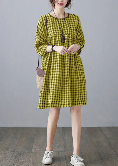 O-neck Wrinkled Pocket Plaid Linen Loose Dresses Half Sleeve