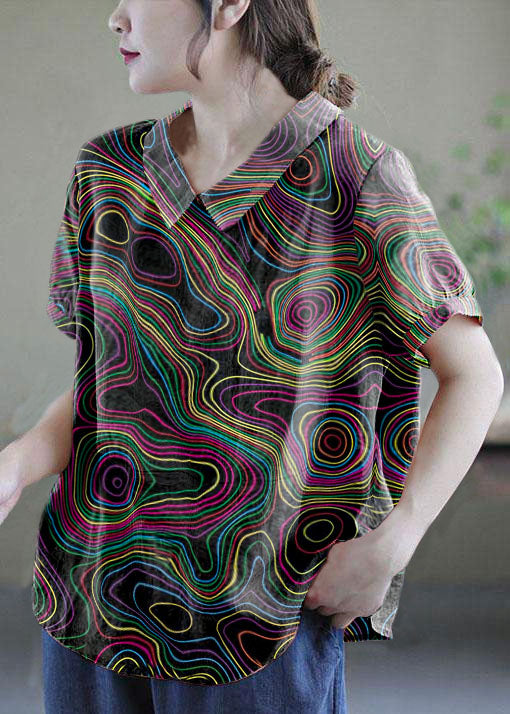 Pink Peter Pan Collar Patchwork Summer Ramie Shirts Short Sleeve