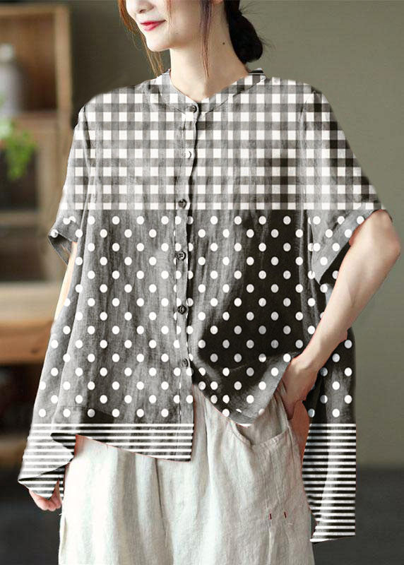 Black Strips Summer Side Open Stand Collar Ramie Loose Short Sleeve