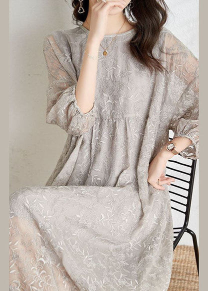 Light Grey Cinched Embroidered Chiffon Vacation Dresses Three Quarter Sleeve