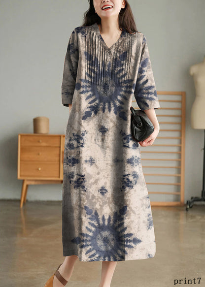 Grey Print6 Loose Linen Long Dresses Button Half Sleeve