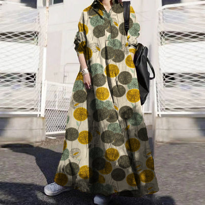 Retro Print Lapel Loose Long Sleeve Maxi Shirt Dress With Pocket