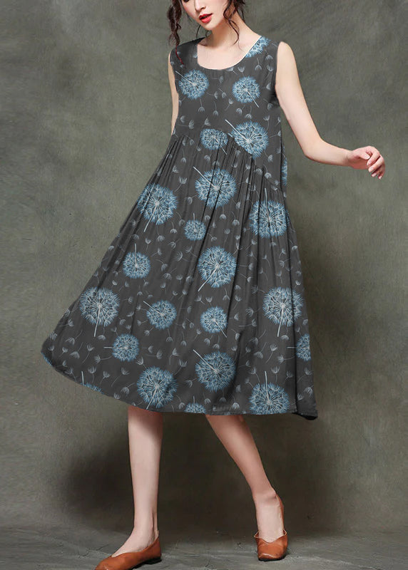 Rose O-neck Wrinkled Long Dresses Sleeveless