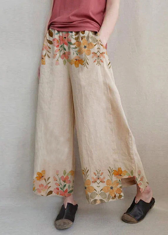 Handmade White Flowers Dandelion Wide Leg Pants Summer Cotton Linen