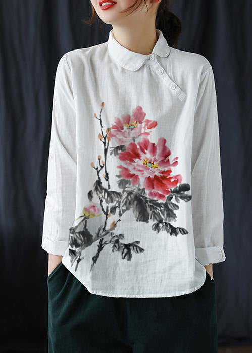 White Flower Clothes Lapel Button Down Spring Blouses