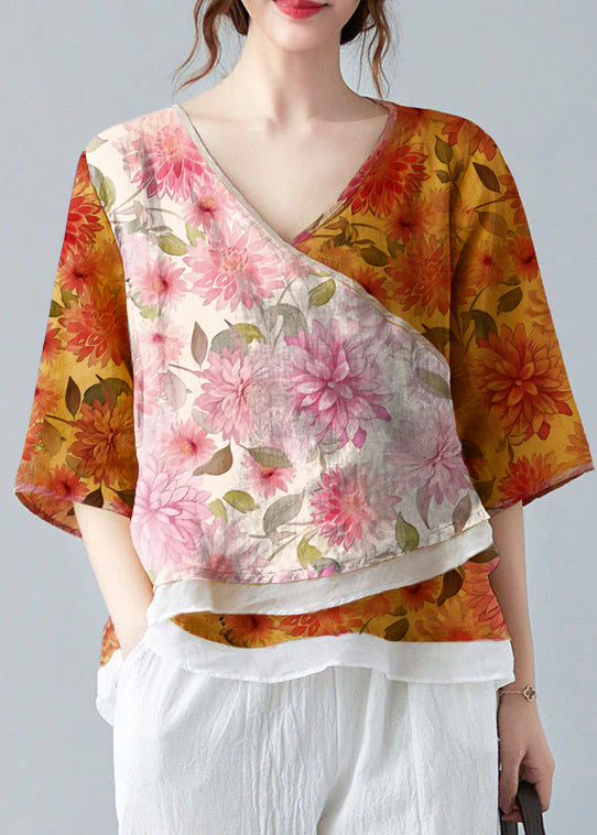 French White Flower V Neck Asymmetrical Design Shirt Spring