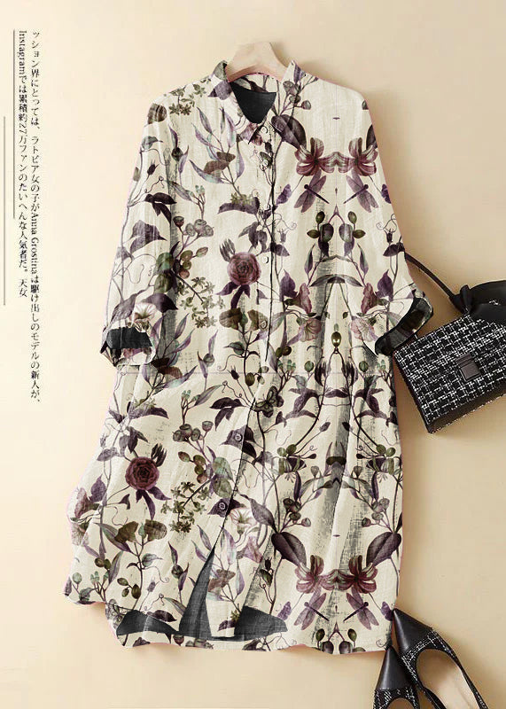 White Flowers Embroidered Patchwork Linen Shirt Dress Summer
