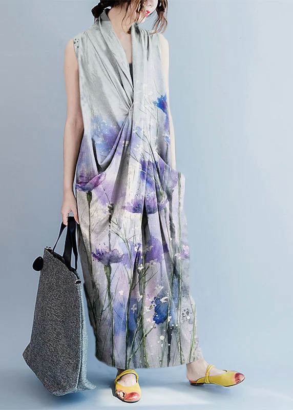 V Neck Sleeveless Loose Long Dress Split Hem Purple Polka Dots Long Tank