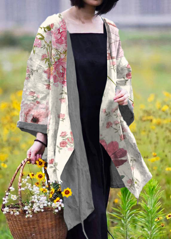 Green Flowers Natural Linen Top Silhouette Pure Color Lacing Long Sleeve Coat