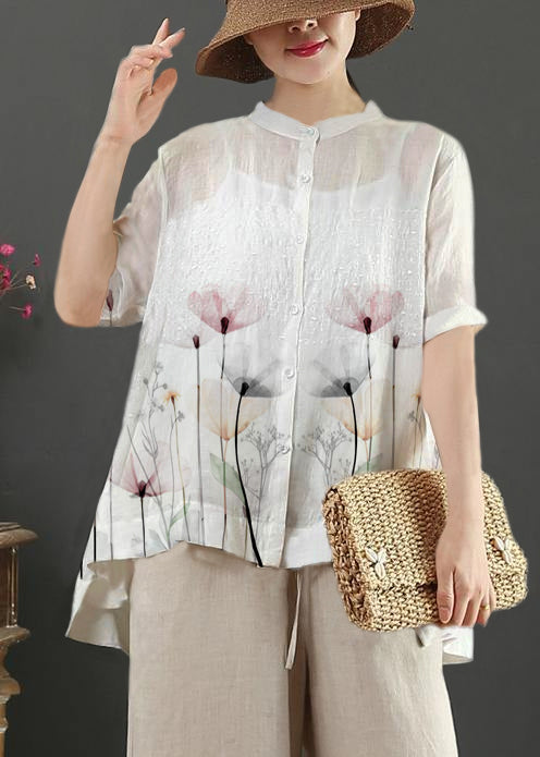 Art White Flowers Embroidery Linen Top for Stand Collar Midi Summer Top