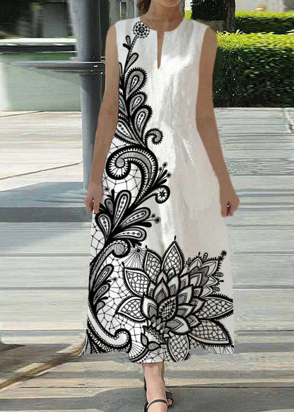 White Flowers Sleeveless V-neck Back Zipper Pocket Dress