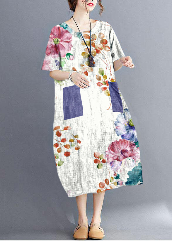 Stylish White Flowers O Neck Plaid Maxi Dresses Cotton Linen Summer