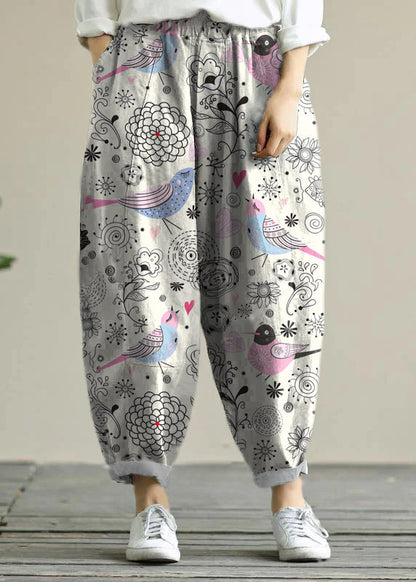Literary Loose White Flowers Color Wild Large Size Elastic Waist Nine-point Harem Pants