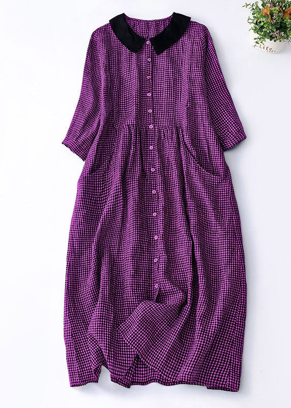 Organic Purple Plaid Peter Pan Collar Patchwork Linen Dresses Summer