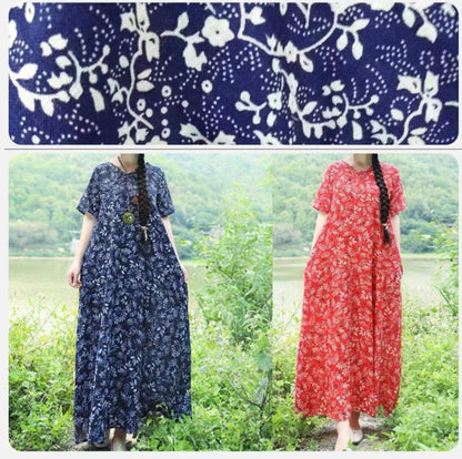 Organic Blue Print Linen Robes Pakistani Work Chinese Button Maxi Summer Dress