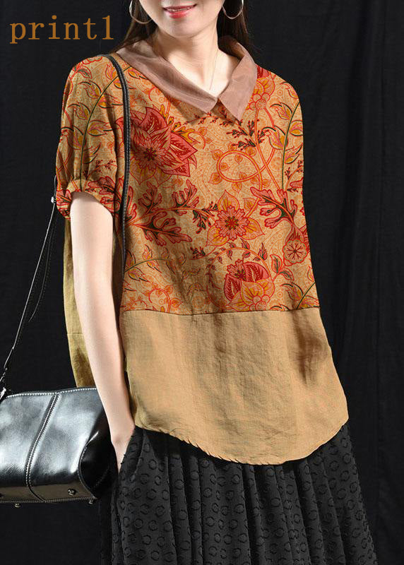 Khaki-red Flower Patchwork Turn-down Collar Summer Short Sleeve Top