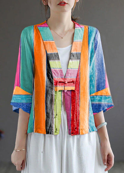 Handmade Orange Deep V Neck Patchwork Cotton Linen Shirt Bracelet Sleeve