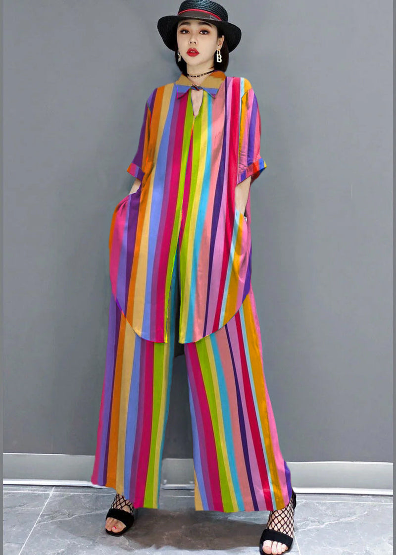 Red Peter Pan Collar Shirt Wide Leg Pants Satin Two Pieces Set Spring