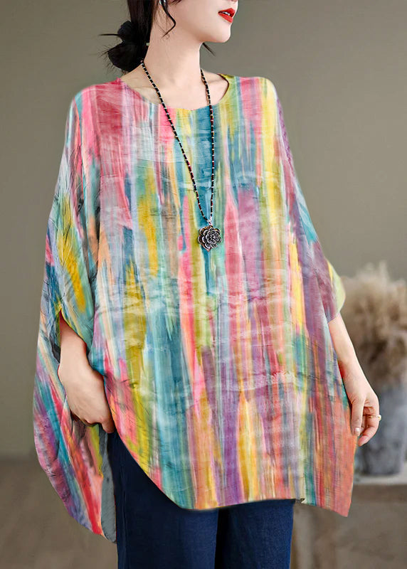 Red O Neck Striped Cotton Blouse Tops Batwing Sleeve
