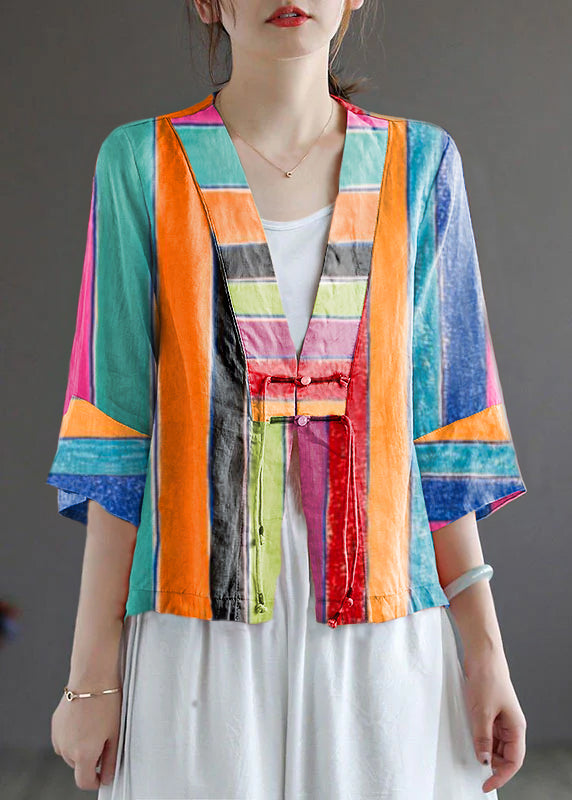 Handmade Orange Deep V Neck Patchwork Cotton Linen Shirt Bracelet Sleeve