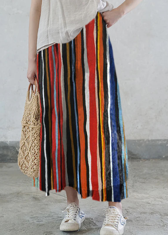 Colorful Stripes Elastic Waist Tie Waist Print Cotton Skirts Spring