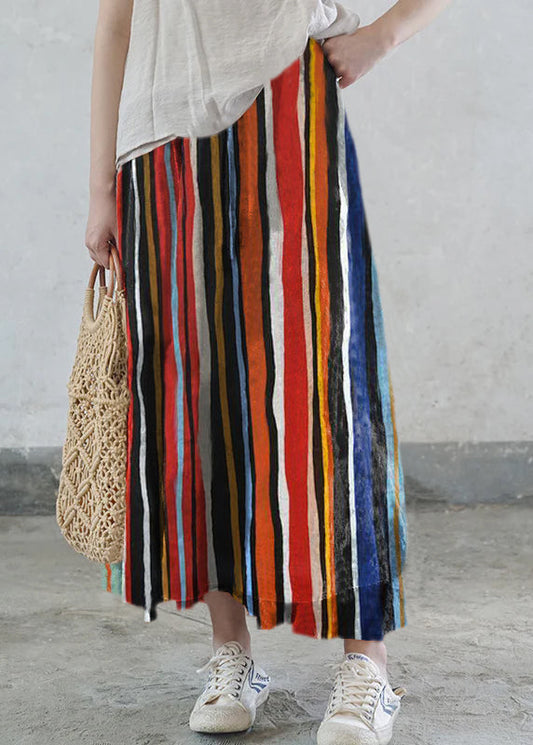 Colorful Stripes Elastic Waist Tie Waist Print Cotton Skirts Spring
